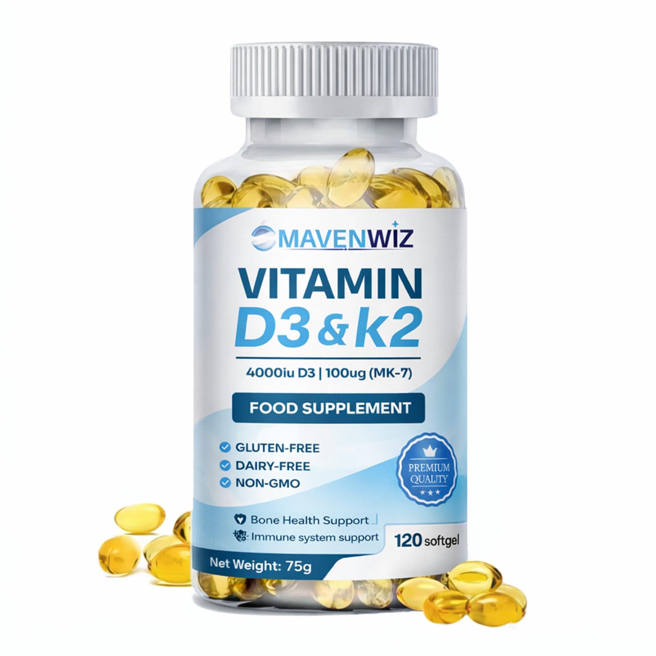 MavenWiz Vitamin D3 & K2 | 4000IU + 100ug MK-7 | 120 Softgels, image 1