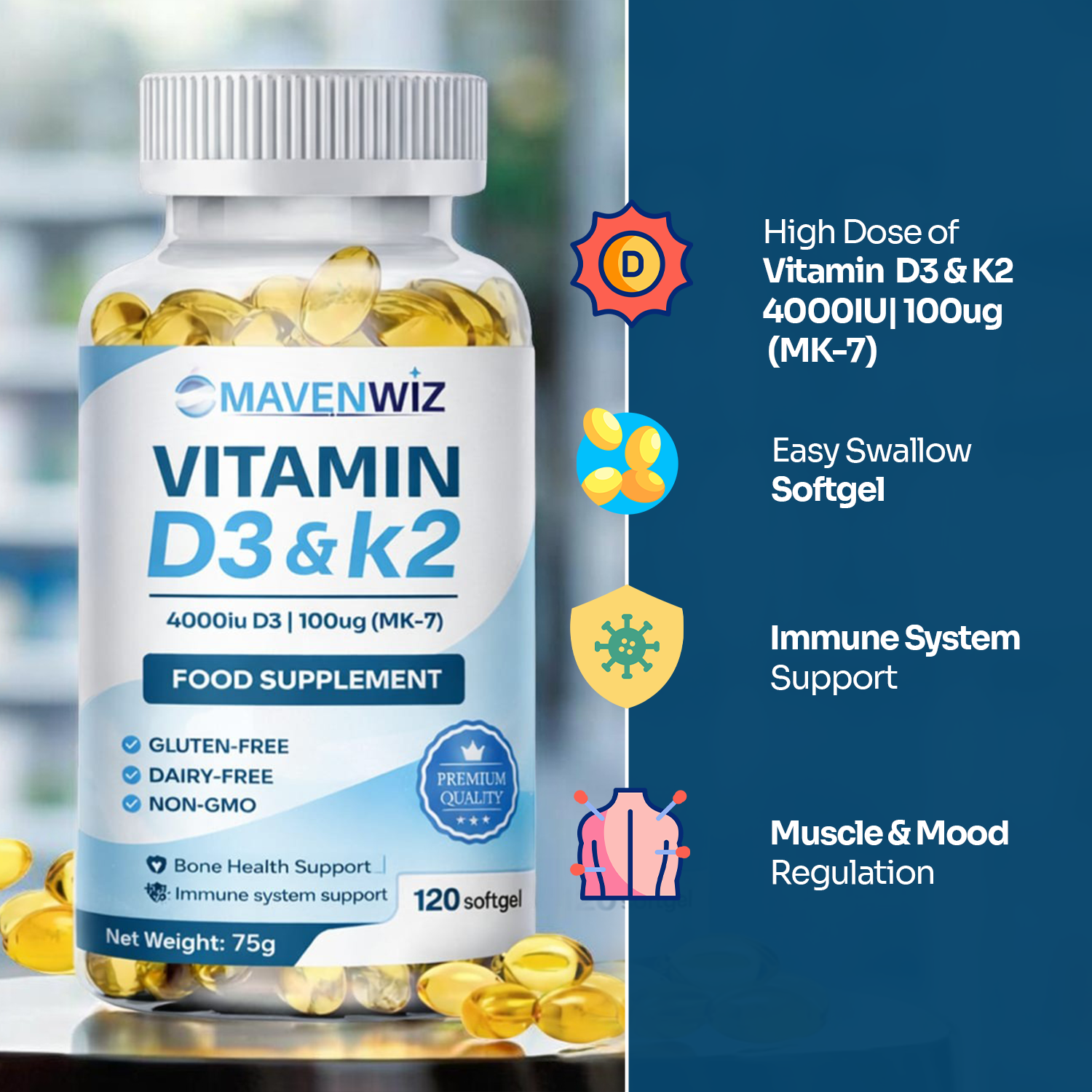 MavenWiz Vitamin D3 & K2 | 4000IU + 100ug MK-7 | 120 Softgels, image 2