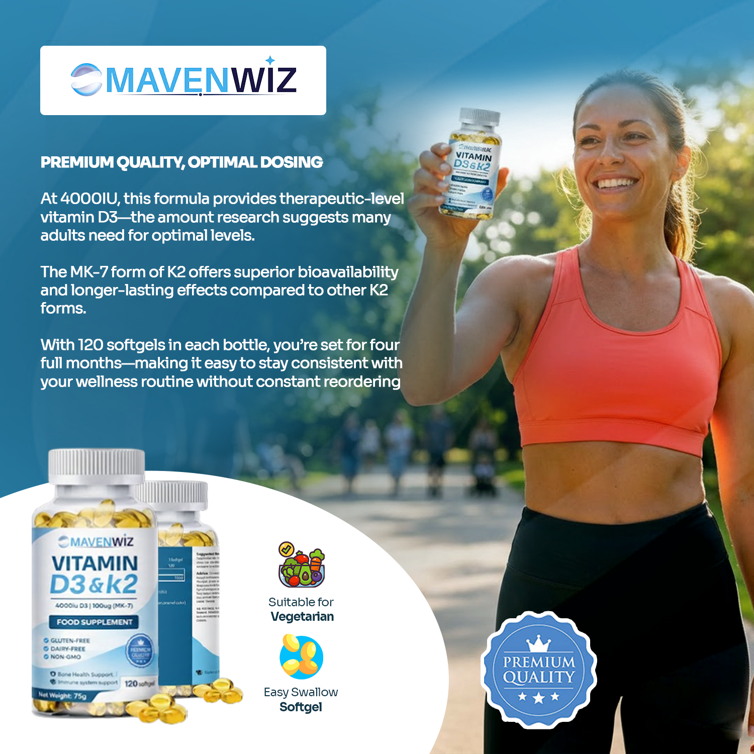 MavenWiz Vitamin D3 & K2 | 4000IU + 100ug MK-7 | 120 Softgels, image 3