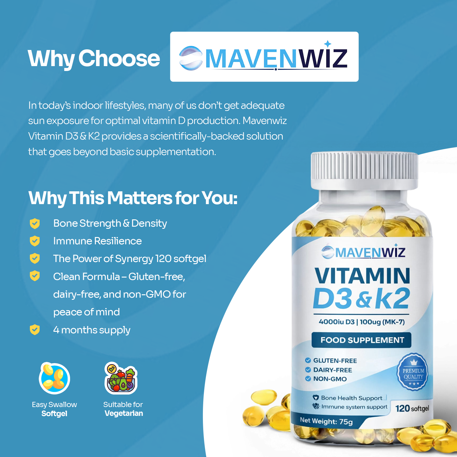 MavenWiz Vitamin D3 & K2 | 4000IU + 100ug MK-7 | 120 Softgels, image 5